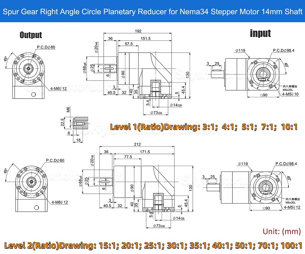 PVE090 Series Nema 34 Right Angle Servo Planetary Gearbox 3:1 - 100:1 for NEMA34 86mm Motor / 80mm Servo Motor